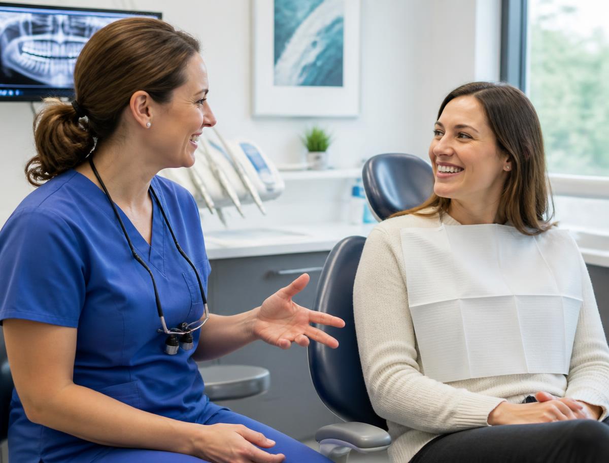 Dentist explaining treatment options to a patient at Jane Park Dental